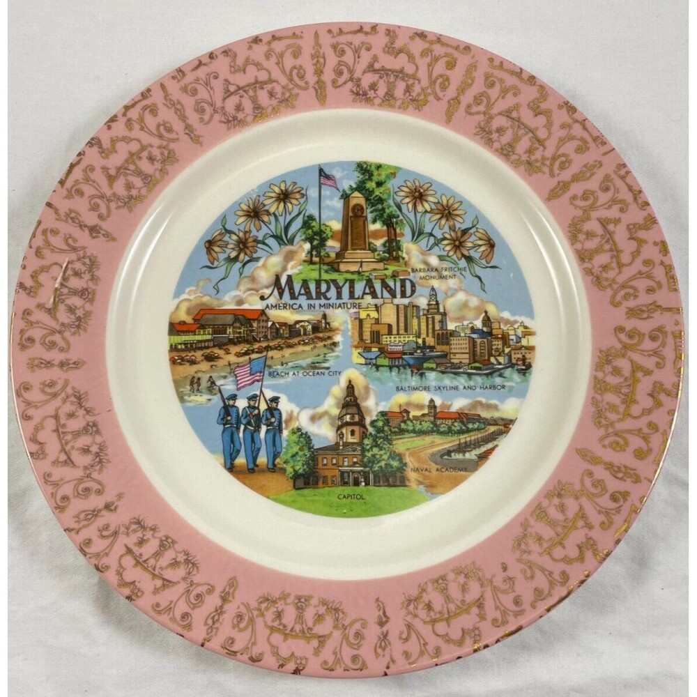 Maryland Souvenir Landmark Plate Pink Gold State 9.25” Homer Laughlin Vintage